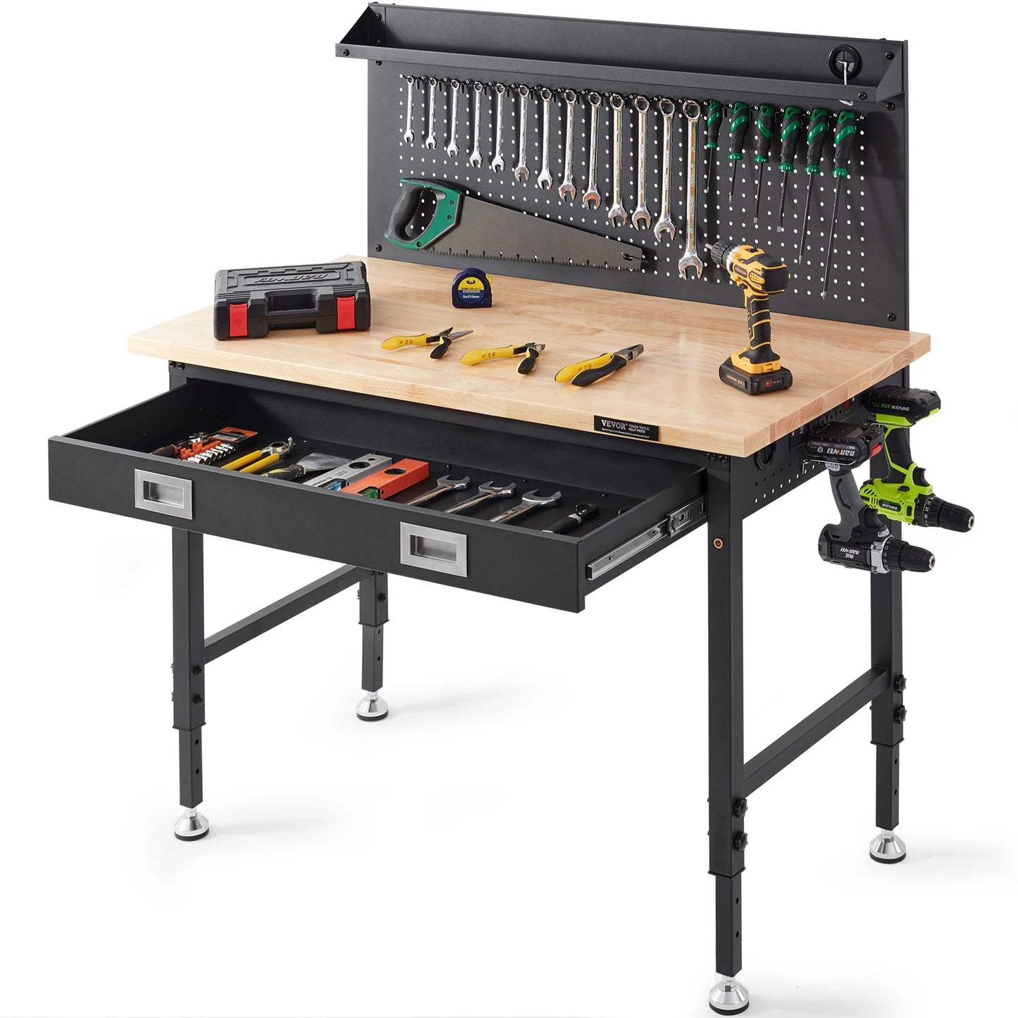 VEVOR 2000lbs Hardwood Workbench Heavy Duty Oak Plank Work Table Carbon Steel with 3m Cable 30 Hooks for Garage Office Workshop