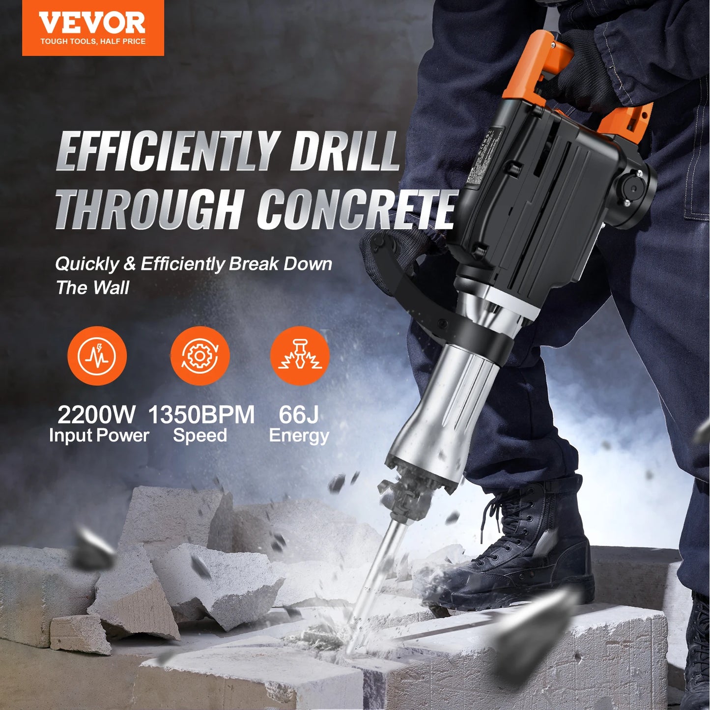 VEVOR Demolition Jack Hammer 2200W Electric Jackhammer Heavy Duty 1350 BPM Concrete Breaker 2pcs Chisels Bit Chipping with Case