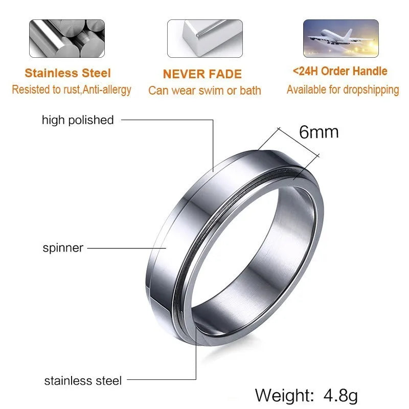 Vnox Personalized Spinner Ring for Men Women 6mm Stainless Steel Rotatable Wedding Band Custom Name Date Initial Male Tail Ring