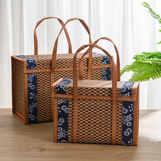 Woven Storage Basket Foldable Bamboo Woven Storage Box High-capacity Sundries Organizer Magazine Newspaper Basket Home Decor