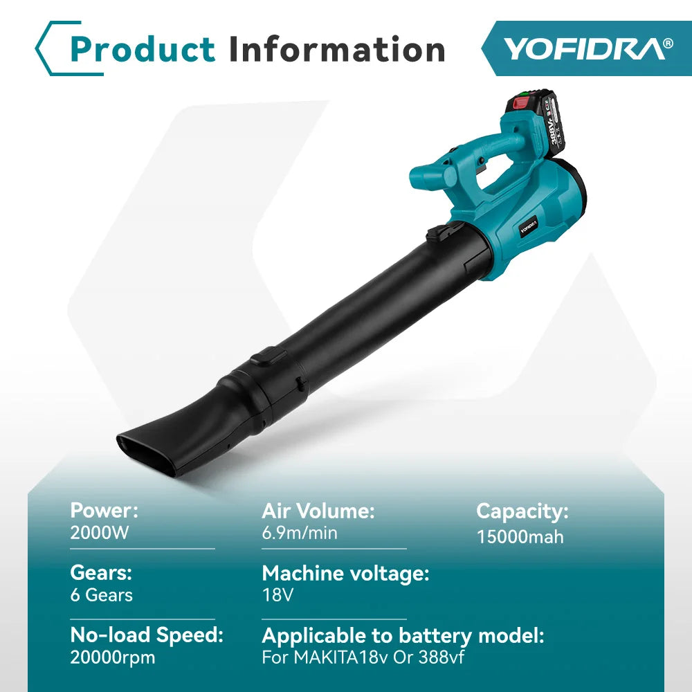 Soplador de aire eléctrico YOFIDRA de 2000W, regulación de 6 velocidades para batería Makita de 18V, soplador de hojas, herramienta para limpiar hojas caídas, polvo y nieve 