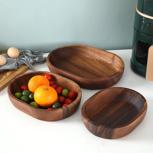 olelo Ensaladera de madera, juego de 3 bandejas ovaladas de acacia para servir postres, ideal para frutas, alimentos, ensaladas, tazón para mezclar y servir 