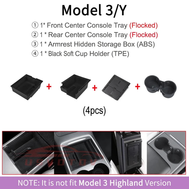 Bandejas de consola central para Tesla Model 3 Y accesorios organizadores Highland, caja de almacenamiento debajo del asiento, reposabrazos, contenedores ocultos, portavasos