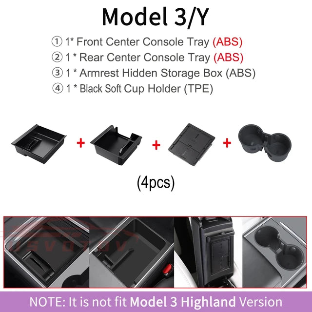 Bandejas de consola central para Tesla Model 3 Y accesorios organizadores Highland, caja de almacenamiento debajo del asiento, reposabrazos, contenedores ocultos, portavasos