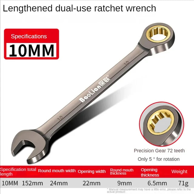 Llave de trinquete reforzada de 10mm, herramientas de reparación de automóviles, gran apertura, doble uso, herramientas manuales de alta calidad 