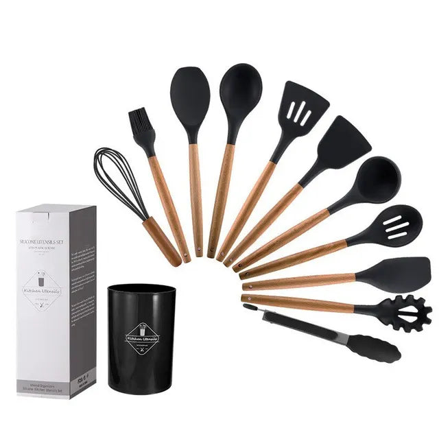 12 unids/set de utensilios de cocina de silicona con mango de madera con cubo de almacenamiento resistente a altas temperaturas y cuchara espátula antiadherente 