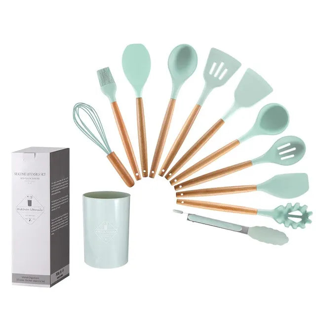 12 unids/set de utensilios de cocina de silicona con mango de madera con cubo de almacenamiento resistente a altas temperaturas y cuchara espátula antiadherente 