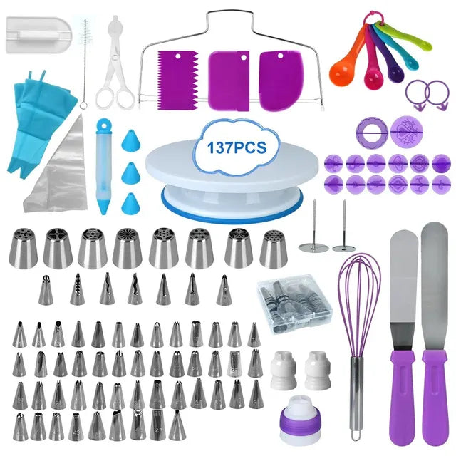 Kit de herramientas de decoración de pasteles, juego de tocadiscos de repostería, boquilla para tubería, juego de bolsas, soporte giratorio, accesorios de herramientas para hornear, 137 Uds. 