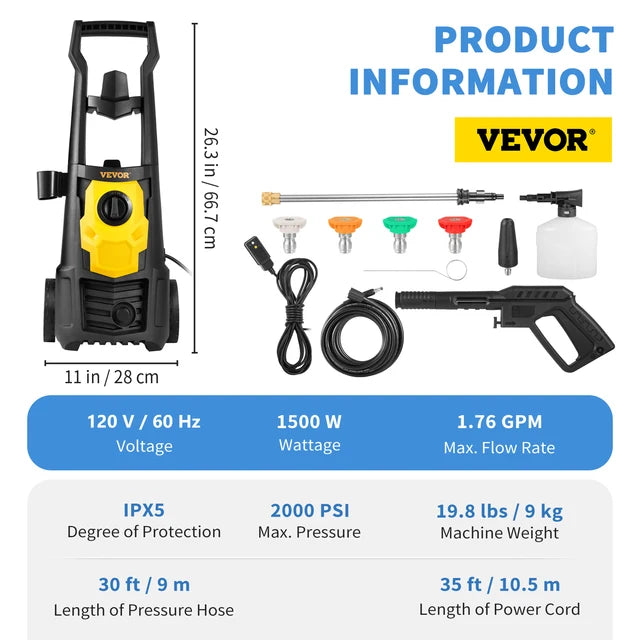 VEVOR 1500W High Pressure Car Washer 2000 PSI Electrical Portable Car Washing Machine Auto Wash Washers Spray Gun for Home Use