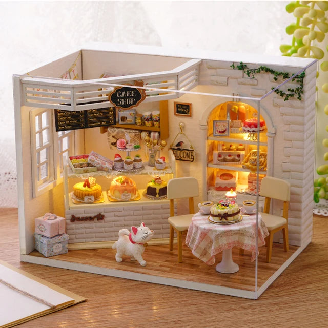 Kitten Mini Wooden Doll House Model Building Kits Toy Home Kit Creative Room Bedroom Decoration with Furniture For Birthday Gift