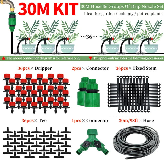 Greenhouse 15M-30M DIY Drip Irrigation System Automatic Watering Garden Hose Micro Drip Watering Kits with Adjustable Drippers