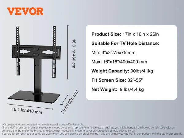 VEVOR 电视支架安装座 可旋转高电视支架 适用于 32-55/65/85 英寸电视 高度可调 便携式落地电视支架 最大 VESA 600x800mm 