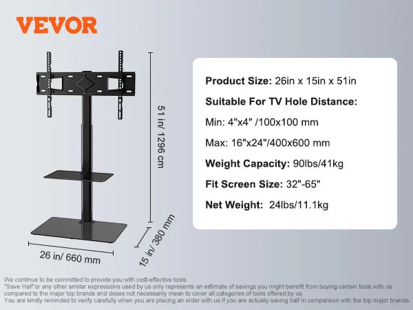 VEVOR 电视支架安装座 可旋转高电视支架 适用于 32-55/65/85 英寸电视 高度可调 便携式落地电视支架 最大 VESA 600x800mm 