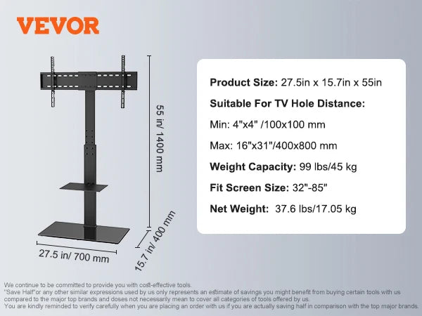 VEVOR 电视支架安装座 可旋转高电视支架 适用于 32-55/65/85 英寸电视 高度可调 便携式落地电视支架 最大 VESA 600x800mm 