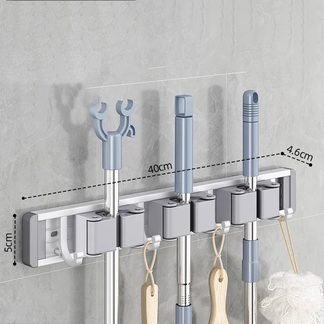 Organizador de fregona y escoba, soporte para fregona, soporte para fregona montado en la pared, soporte para fregona de escoba fuerte con 5 ganchos, organizadores para colgar escoba 