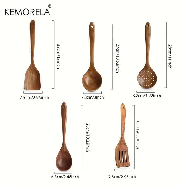 5PCS Thailand Teak Cooking Spoon Natural Wooden Kitchen Tableware Tool Ladle Turner Rice Colander Soup Skimmer Scoop Utensils