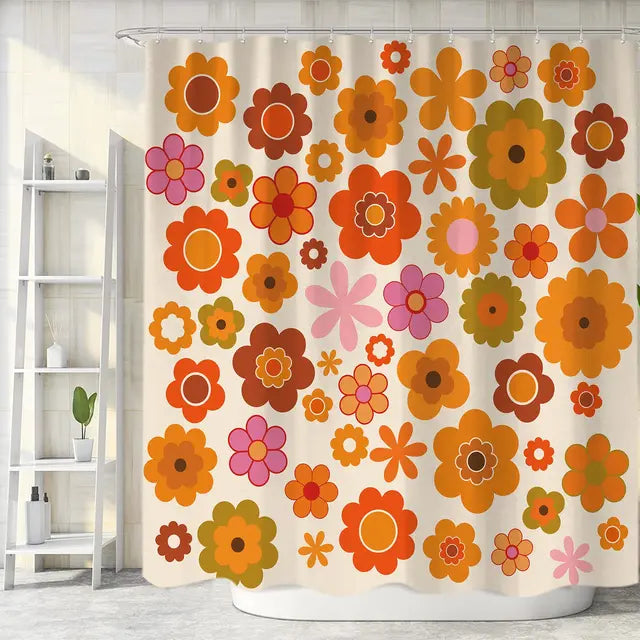 Cortina de ducha Retro, juegos de cortinas de baño de tela de poliéster impermeables Vintage de los años 60 y 70, cortinas de baño estéticas rosas con cara sonriente 