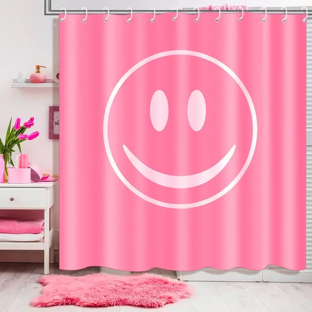 Cortina de ducha Retro, juegos de cortinas de baño de tela de poliéster impermeables Vintage de los años 60 y 70, cortinas de baño estéticas rosas con cara sonriente 