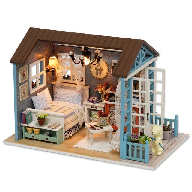 Kitten Mini Wooden Doll House Model Building Kits Toy Home Kit Creative Room Bedroom Decoration with Furniture For Birthday Gift