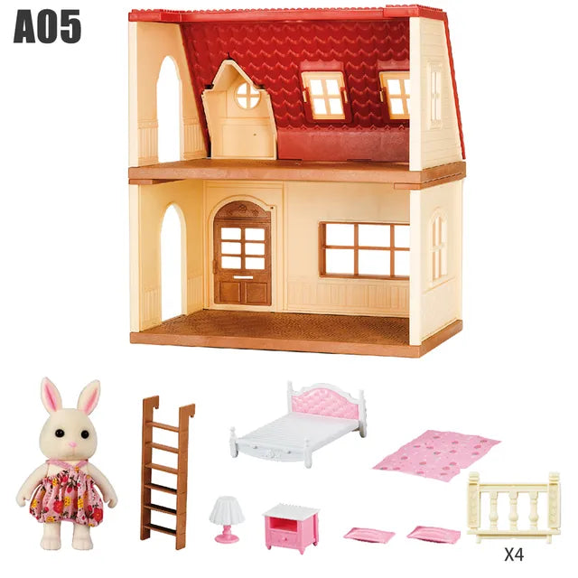 Casa pequeña familiar de bosque de cocina de simulación, Villa doble de tres pisos, modelo de Animal de reno, casa de muñecas para niña, muebles, regalos de juguete