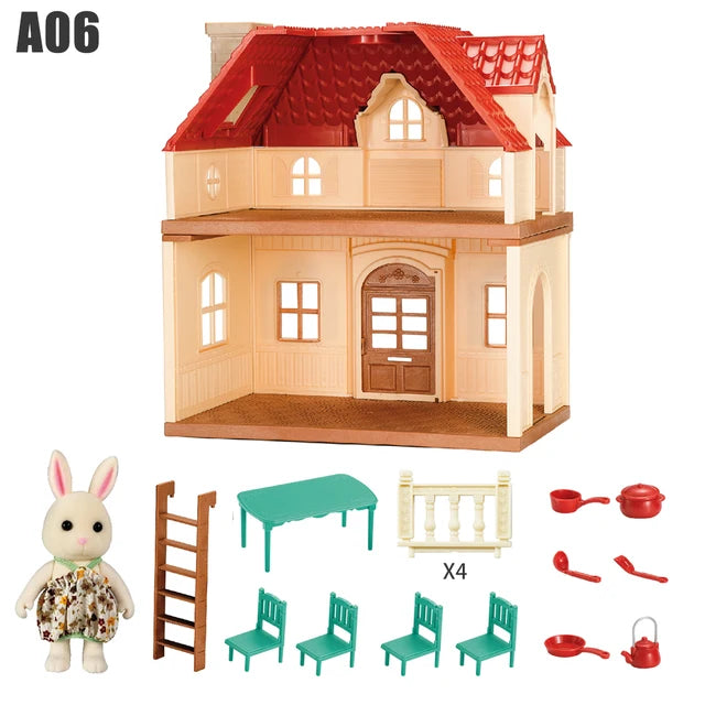 Casa pequeña familiar de bosque de cocina de simulación, Villa doble de tres pisos, modelo de Animal de reno, casa de muñecas para niña, muebles, regalos de juguete