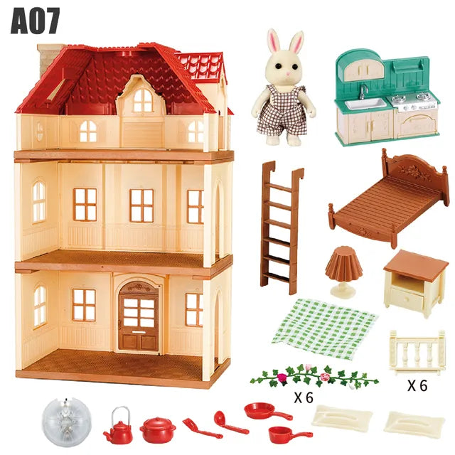 Casa pequeña familiar de bosque de cocina de simulación, Villa doble de tres pisos, modelo de Animal de reno, casa de muñecas para niña, muebles, regalos de juguete