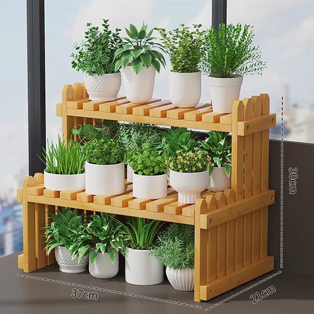 Soporte de exhibición de plantas para macetas de flores de 2 niveles, estante para plantas de bambú Natural, decorativo moderno para soporte de plantas, estante de almacenamiento para macetas de libros 