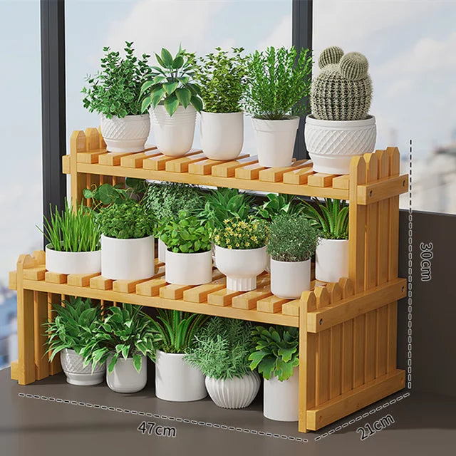 Soporte de exhibición de plantas para macetas de flores de 2 niveles, estante para plantas de bambú Natural, decorativo moderno para soporte de plantas, estante de almacenamiento para macetas de libros 