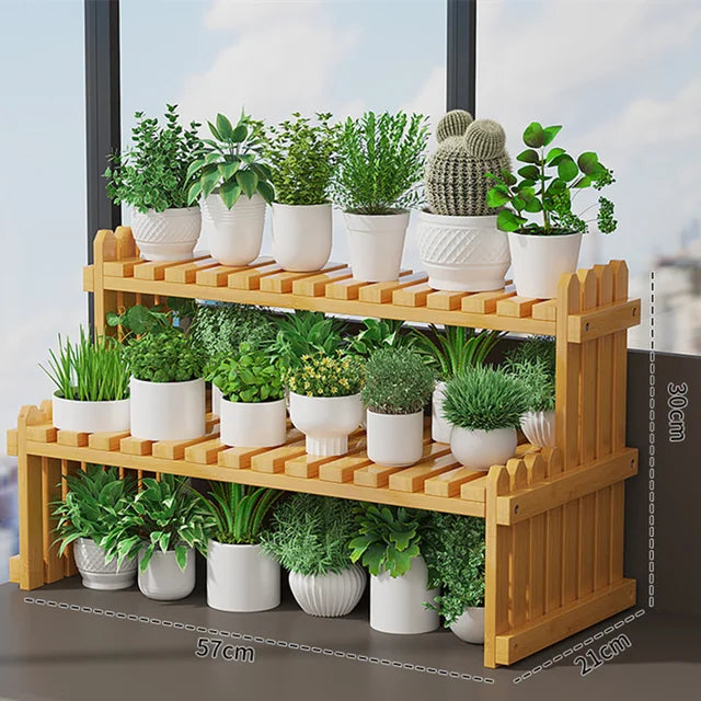 Soporte de exhibición de plantas para macetas de flores de 2 niveles, estante para plantas de bambú Natural, decorativo moderno para soporte de plantas, estante de almacenamiento para macetas de libros 