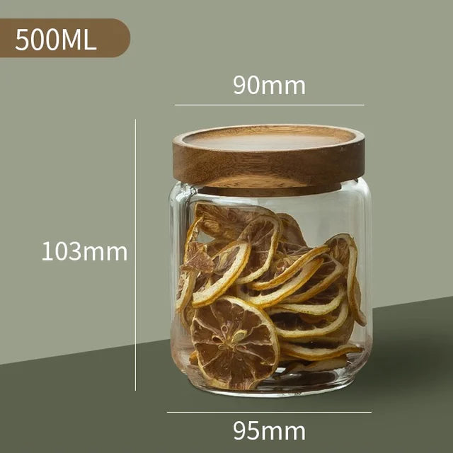 Wood Lid Glass Airtight Canister Kitchen Storage Bottles Jars Food Container Grains Tea Coffee Beans Grains Candy Jar Containers