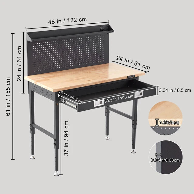 VEVOR 2000lbs Hardwood Workbench Heavy Duty Oak Plank Work Table Carbon Steel with 3m Cable 30 Hooks for Garage Office Workshop