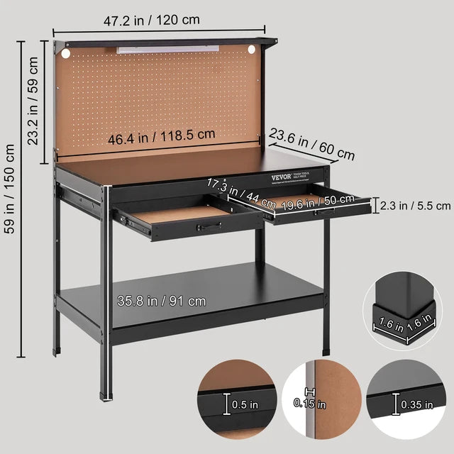 VEVOR 2000lbs Hardwood Workbench Heavy Duty Oak Plank Work Table Carbon Steel with 3m Cable 30 Hooks for Garage Office Workshop