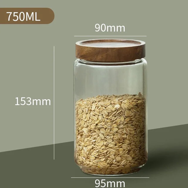 Wood Lid Glass Airtight Canister Kitchen Storage Bottles Jars Food Container Grains Tea Coffee Beans Grains Candy Jar Containers