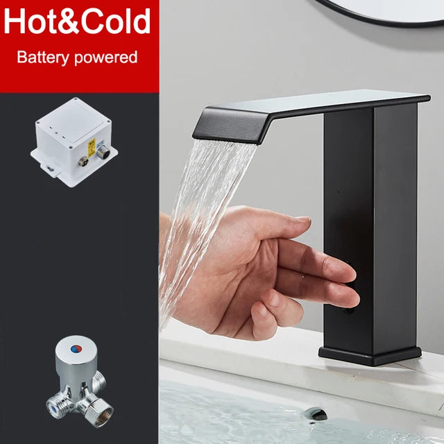 Shinesia Black Bathroom Faucet Deck Mounted Automatic Sensor Water Mixer Crane Free Touch Sink Tap Bathroom Sink Faucets