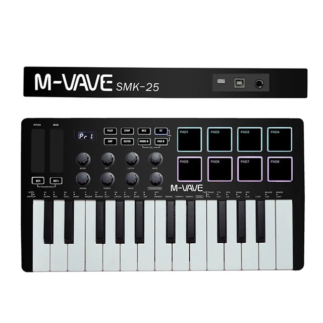 M-VAVE MIDI teclado controlador de 25 teclas Piano teclado USB portátil y 8 almohadillas retroiluminadas RGB 8 perillas instrumentos de teclado musical 