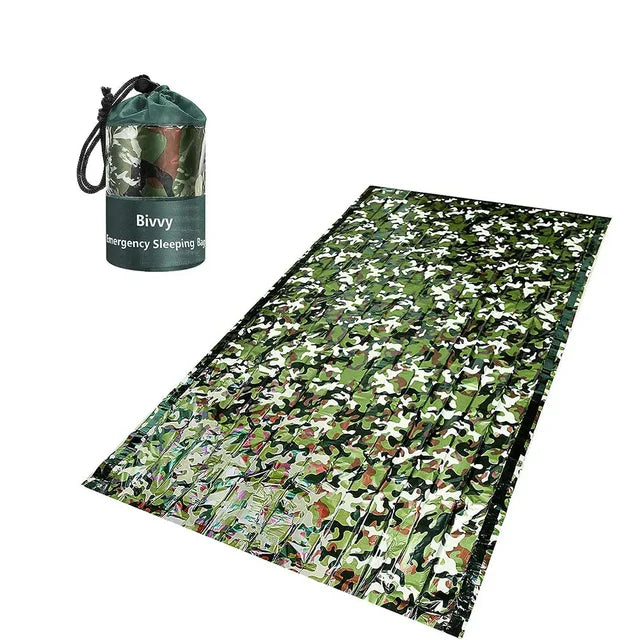 Saco de dormir de emergencia de PE, saco de dormir portátil impermeable de camuflaje de supervivencia de 120x200cm para acampar al aire libre, senderismo y aventura 