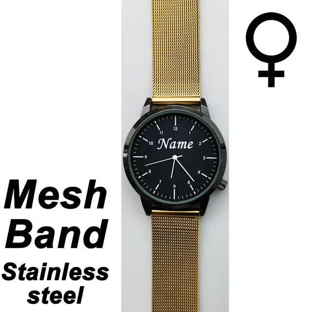 Reloj de pulsera personalizado con grabado con su nombre y logotipo para hombre y mujer, pulsera de malla de acero inoxidable, relojes de pulsera personalizados para hombre y mujer 