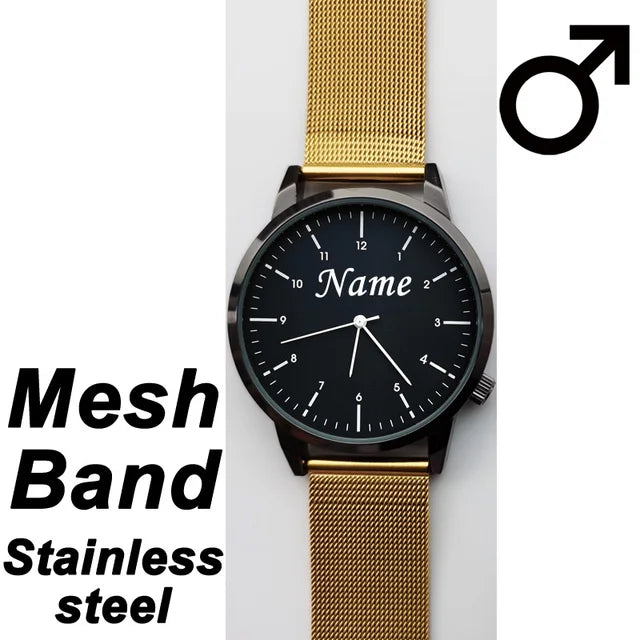 Reloj de pulsera personalizado con grabado con su nombre y logotipo para hombre y mujer, pulsera de malla de acero inoxidable, relojes de pulsera personalizados para hombre y mujer 