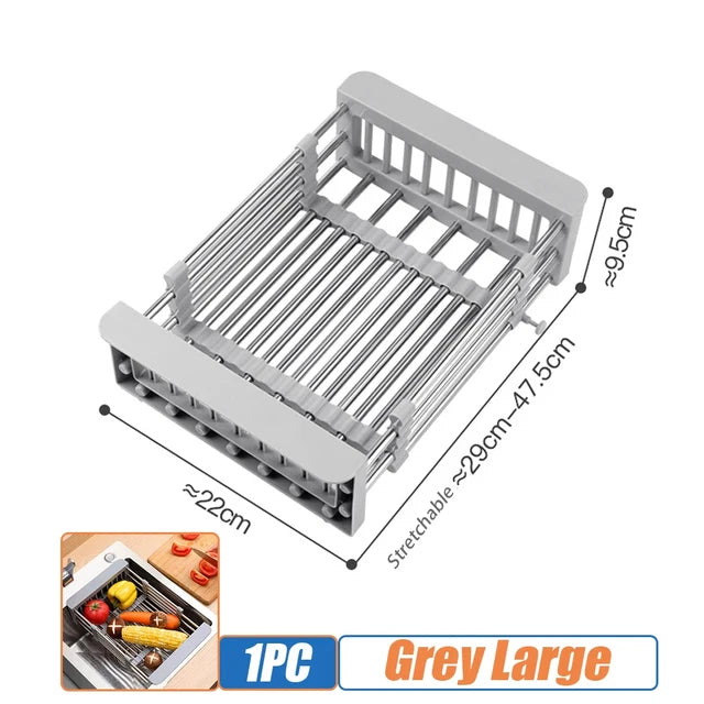 Escurridor de platos de cocina, escurridor ajustable de acero inoxidable, organizador de cocina para frutas y verduras, cesta de limpieza para fregadero, herramienta 