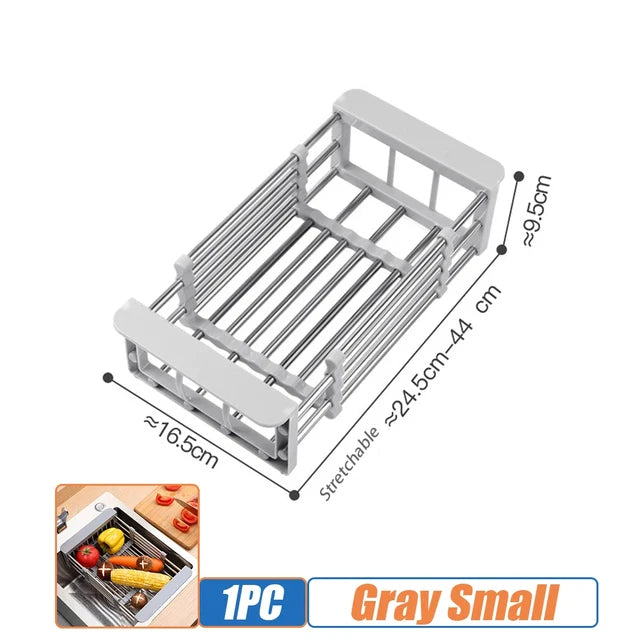 Escurridor de platos de cocina, escurridor ajustable de acero inoxidable, organizador de cocina para frutas y verduras, cesta de limpieza para fregadero, herramienta 