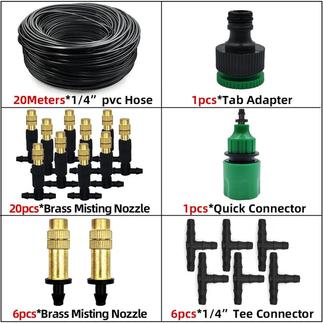 5M-30M Outdoor Misting Cooling System Garden Irrigation Watering 1/4'' Brass Atomizer Nozzles 4/7mm Hose for Patio Greenhouse