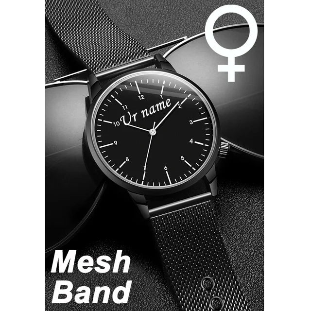 Reloj de pulsera personalizado con grabado con su nombre y logotipo para hombre y mujer, pulsera de malla de acero inoxidable, relojes de pulsera personalizados para hombre y mujer 