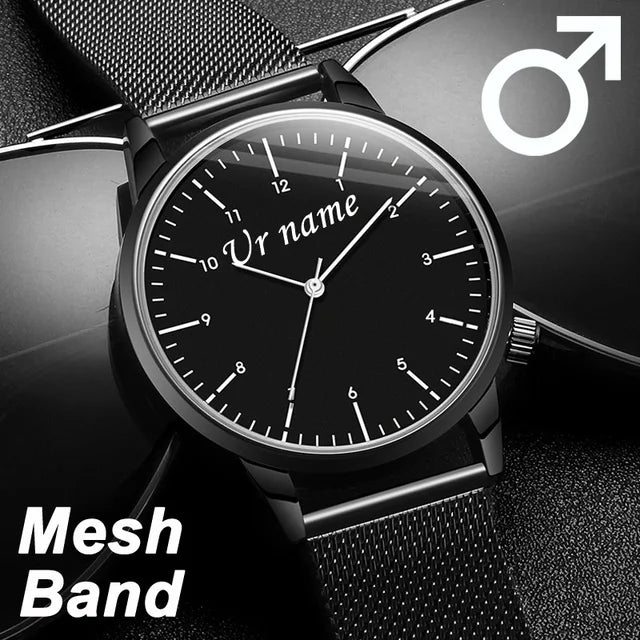 Reloj de pulsera personalizado con grabado con su nombre y logotipo para hombre y mujer, pulsera de malla de acero inoxidable, relojes de pulsera personalizados para hombre y mujer 