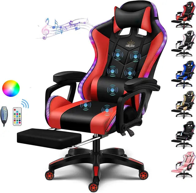 Silla Gaming con Altavoces y Luz LED RGB, Silla de Videojuegos de Masaje de 7 Puntos Ajustable con Reposacabezas y Soporte Lumbar