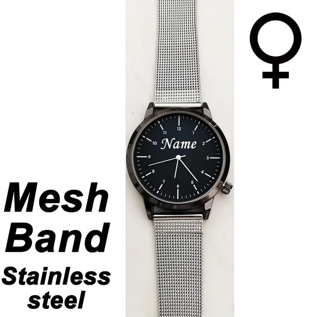 Reloj de pulsera personalizado con grabado con su nombre y logotipo para hombre y mujer, pulsera de malla de acero inoxidable, relojes de pulsera personalizados para hombre y mujer 