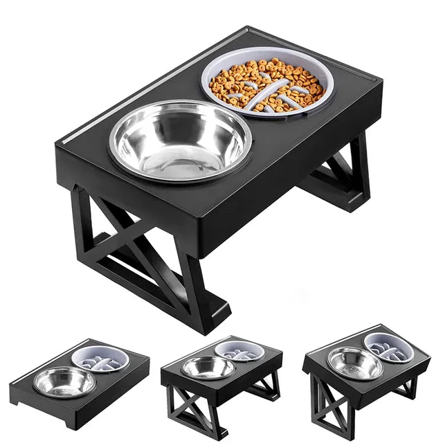 Cuencos elevados dobles para perros, soporte de 3 altura ajustable, plato de alimentación lenta para mascotas, mesa de comederos de agua elevados para perros medianos y grandes 