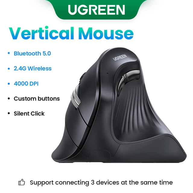 UGREEN Vertical Mouse Wireless Bluetooth5.0 2.4G Ergonomic 4000DPI 6 Mute Buttons for MacBook Tablet Laptops Computer PC Mice