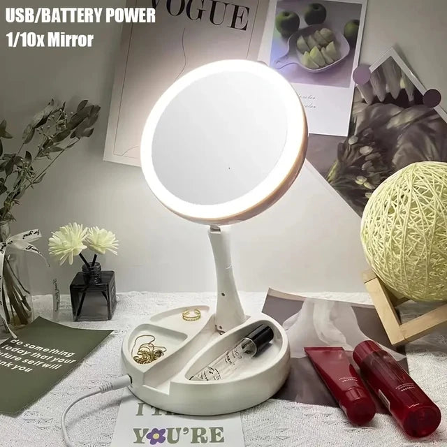 1pc Battery/USB Dual Purpose Double-Sided Mirror LED Makeup Mirror Portable Makeup Mirror Makeup Light With 10XMagnification