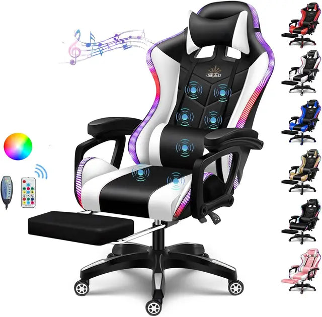 Silla Gaming con Altavoces y Luz LED RGB, Silla de Videojuegos de Masaje de 7 Puntos Ajustable con Reposacabezas y Soporte Lumbar