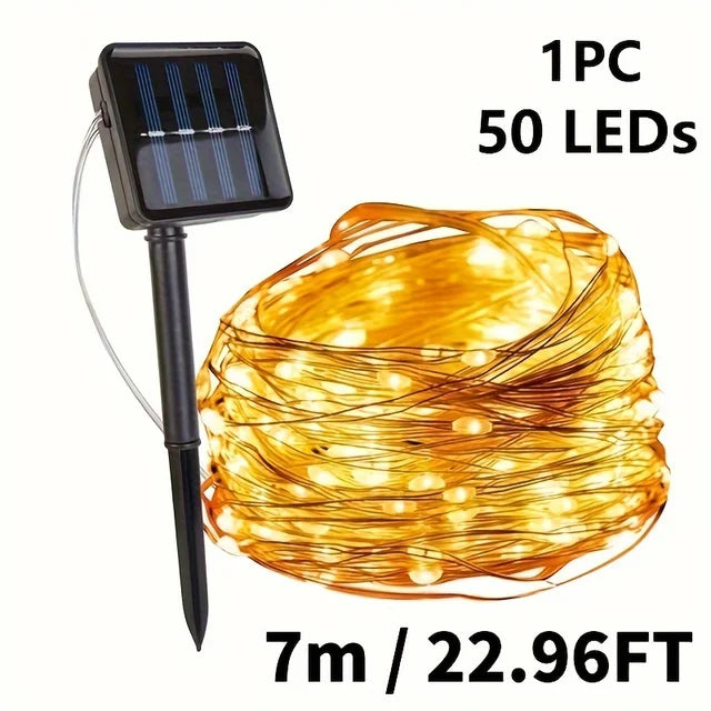 Lámpara con alambre de cobre Solar para exteriores, lámpara de cuento de hadas para jardín, corona de flores de hadas, iluminación de 8 modos, decoración para fiesta de boda de verano 